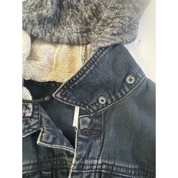 Free People Small Black Jean Jacket Distressed Removable Hood Knit Sleeves #5866 - Picture 8 of 11